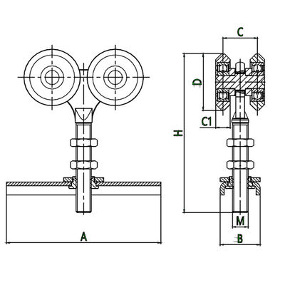 Silver Four Rollers Slide Hanging Door Rollers 44mm Dengan Forge Center Plate
